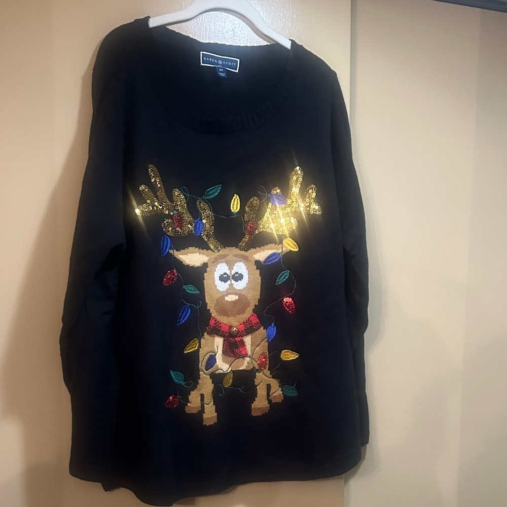 Karen Scott Black Sweater with Reindeer and Gold Antlers